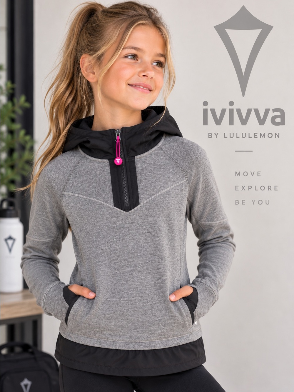 Ivivva by Lululemon Girls Gray Hooded 1/2 Zip Pullover Thumbholes Size 8